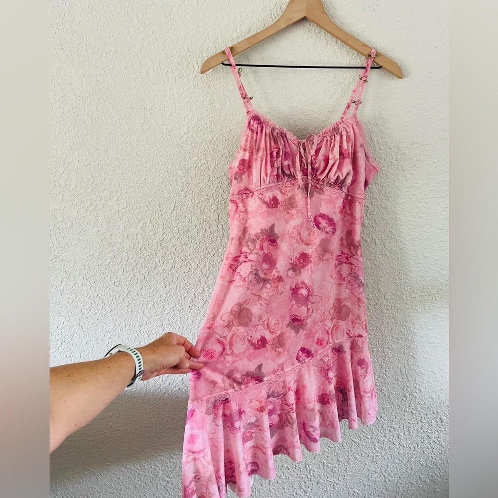 Y2K Madden Girl Pink Floral Lace Mesh Babydoll Tank Dress